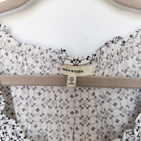 Max Studio Womens Blouse Size M Long Sleeve White Black Boho Office Lightweight - Picture 4 of 7